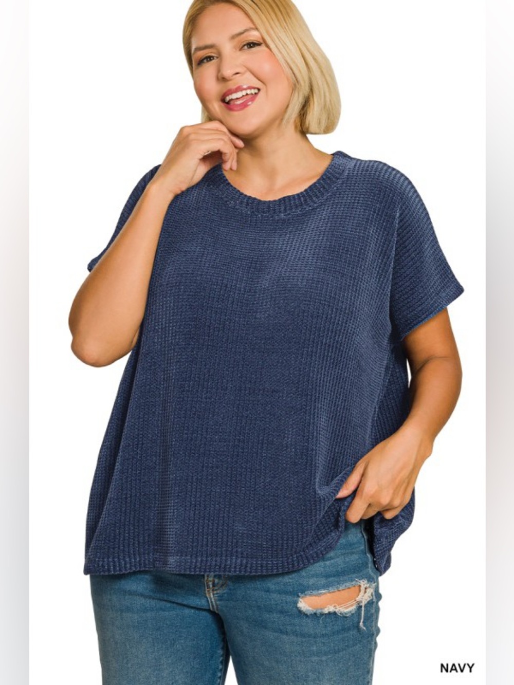 Navy Zenana PLUS CHENILLE WAFFLE CAP SLEEVE SWEATER